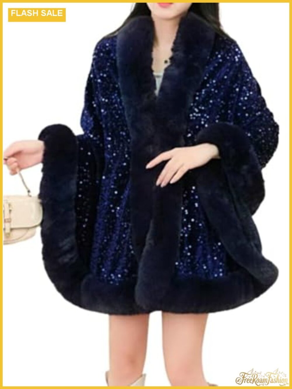 Faux Fur Shawl Wrap Open Front Poncho Cape Sequin Evening Winter